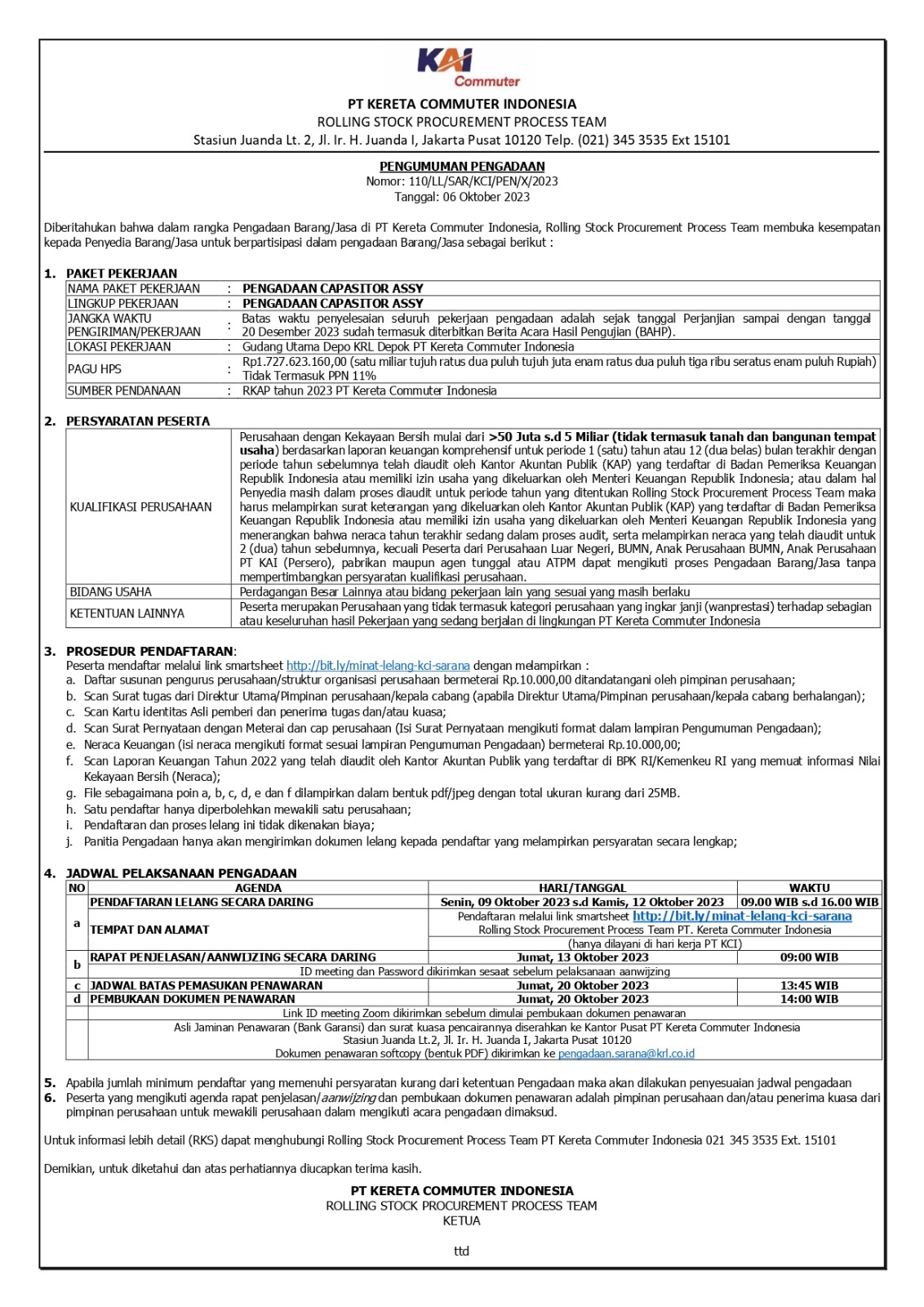 110 pengumuman pengadaan capasitor assy